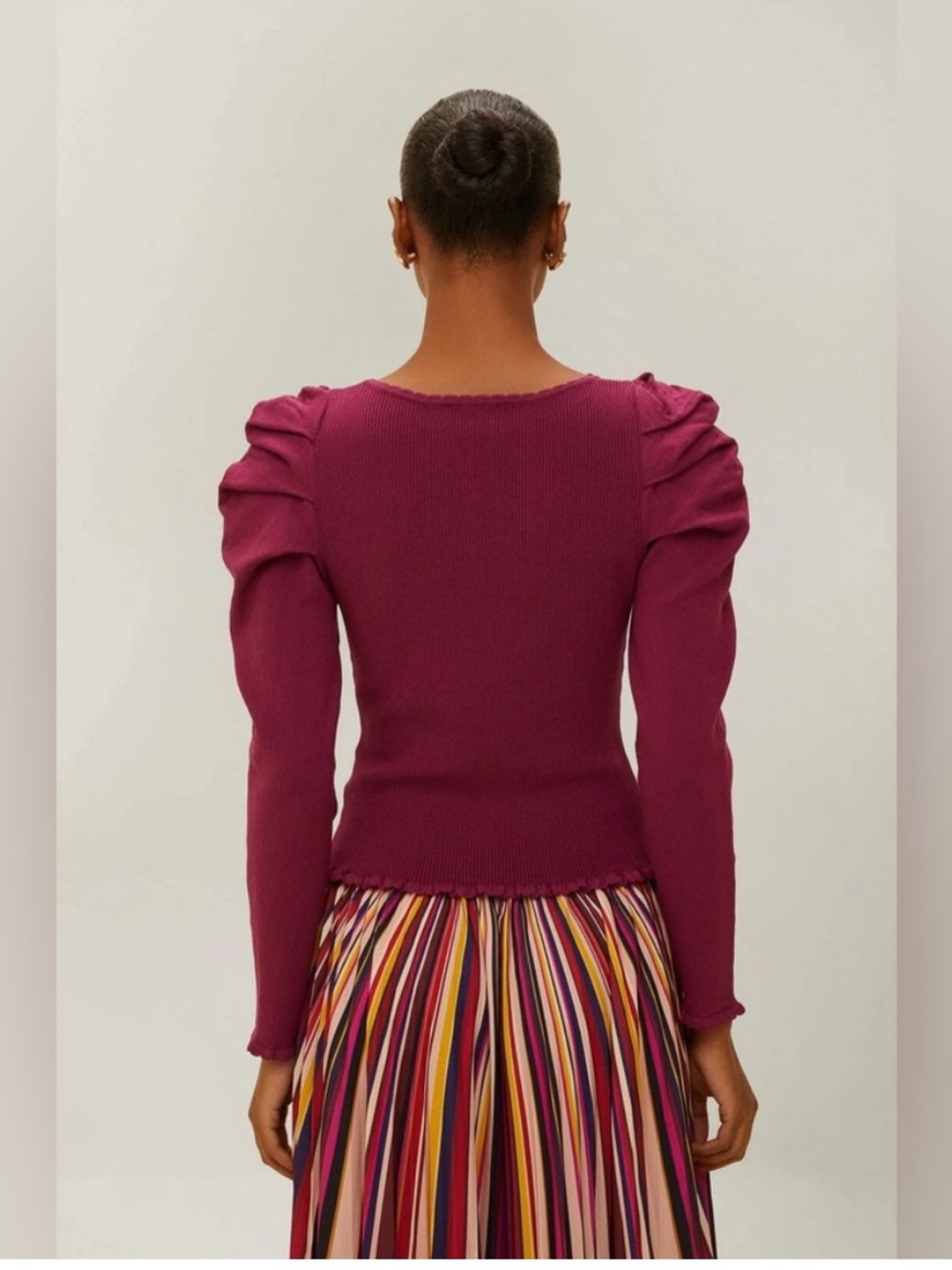 FARM RIO Burgundy Knit Corset Top fuchsia pink purple puff sleeve scoop neck - Picture 3 of 3